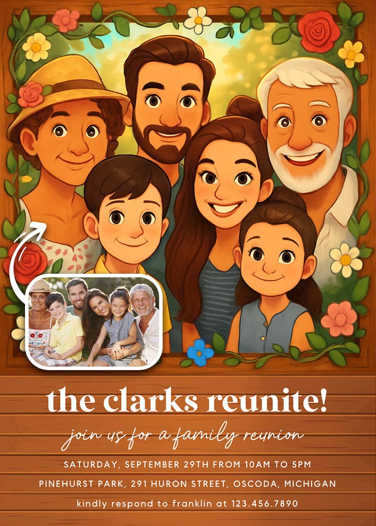 Wooden family photo - family reunion invitation